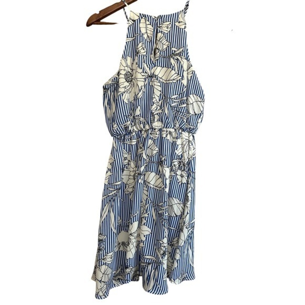 Lush Striped‎ Floral Halter Midi Dress Blue White Sleeveless Summer Casual small